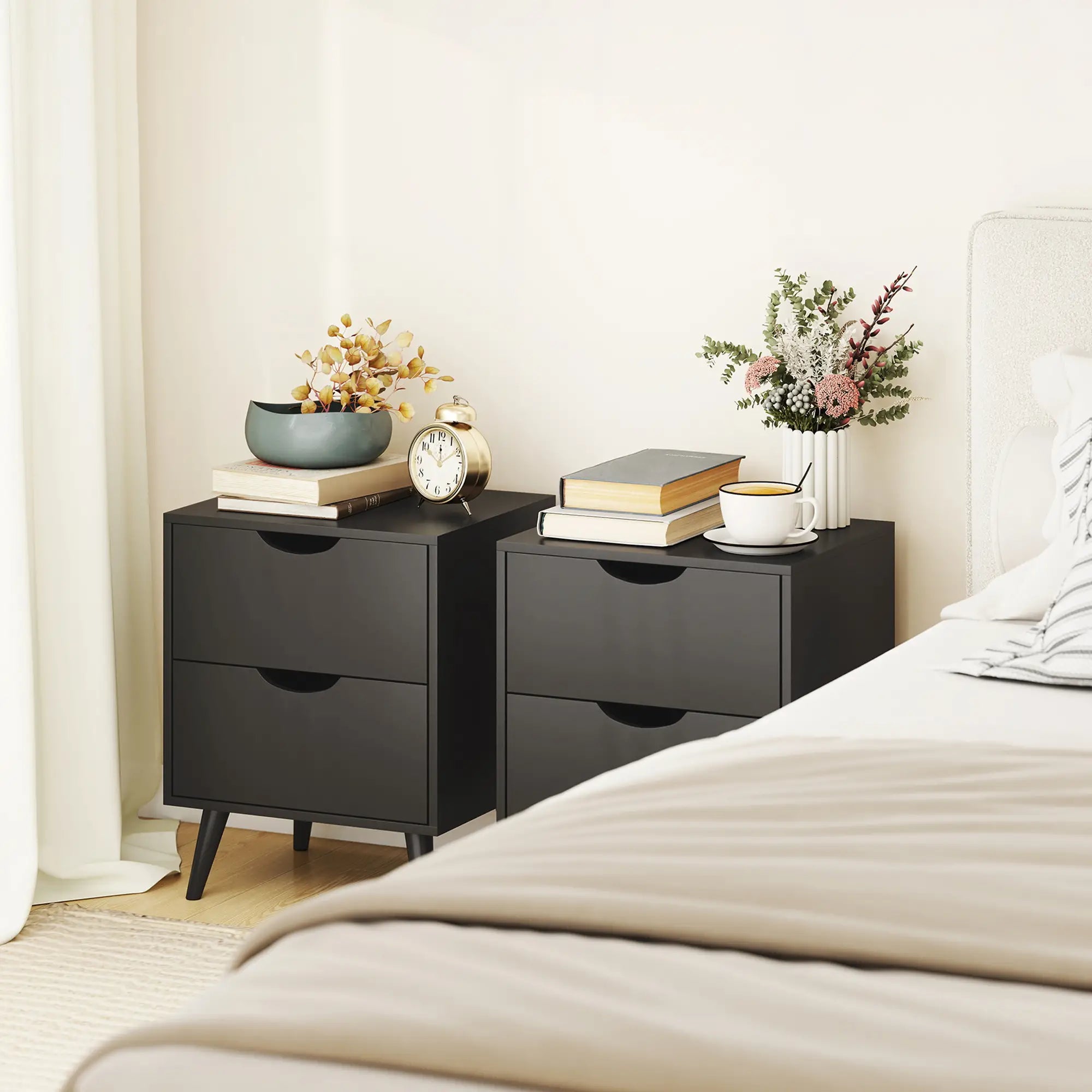 Modern Bedside Table Set Of 2, 2 Drawers, Pine Wood Legs, Black Bedside Tables at Gallery Canada