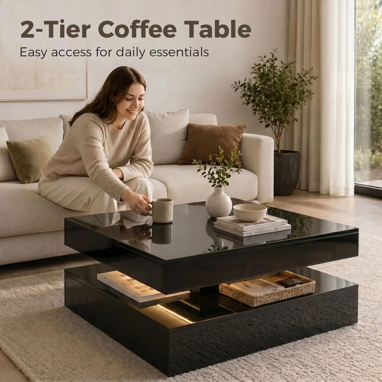 LED Coffee Table with Storage, 2-Tier Modern Center Table with Open Shelf and Remote for Living Room, High Gloss Black Coffee Tables at Gallery Canada
