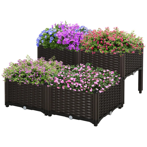 4 Piece Raised Garden Bed, PP, Vegetable Herb Grow Box, Brown