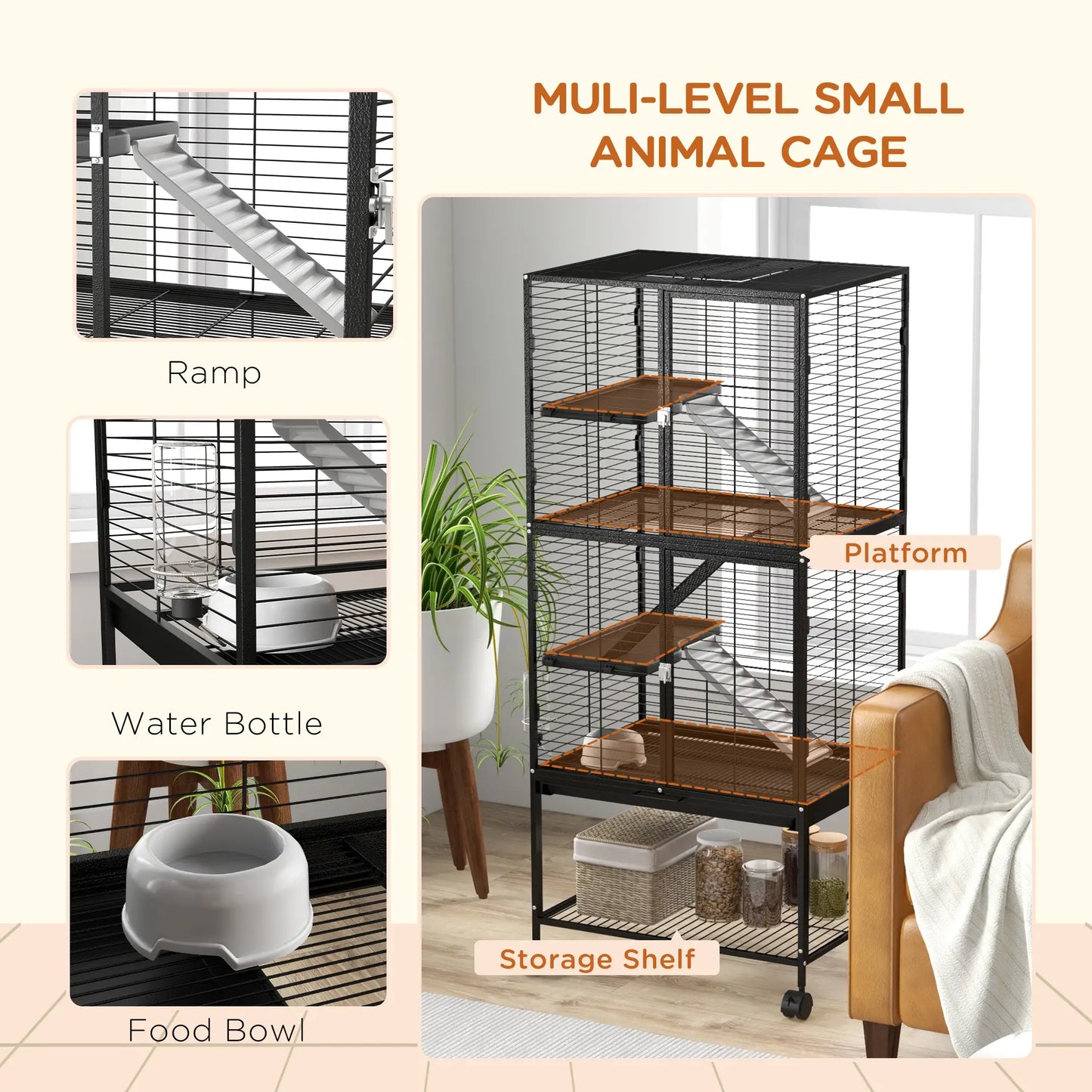 Small Animal Cage 53.5"H, Removable Tray, Storage Shelf, Black Houses & Habitats at Gallery Canada