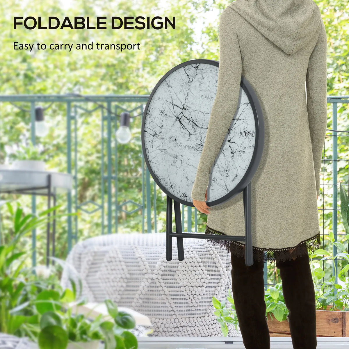 18" Outdoor Round Folding Table, Tempered Glass Top, White Patio Side Tables at Gallery Canada