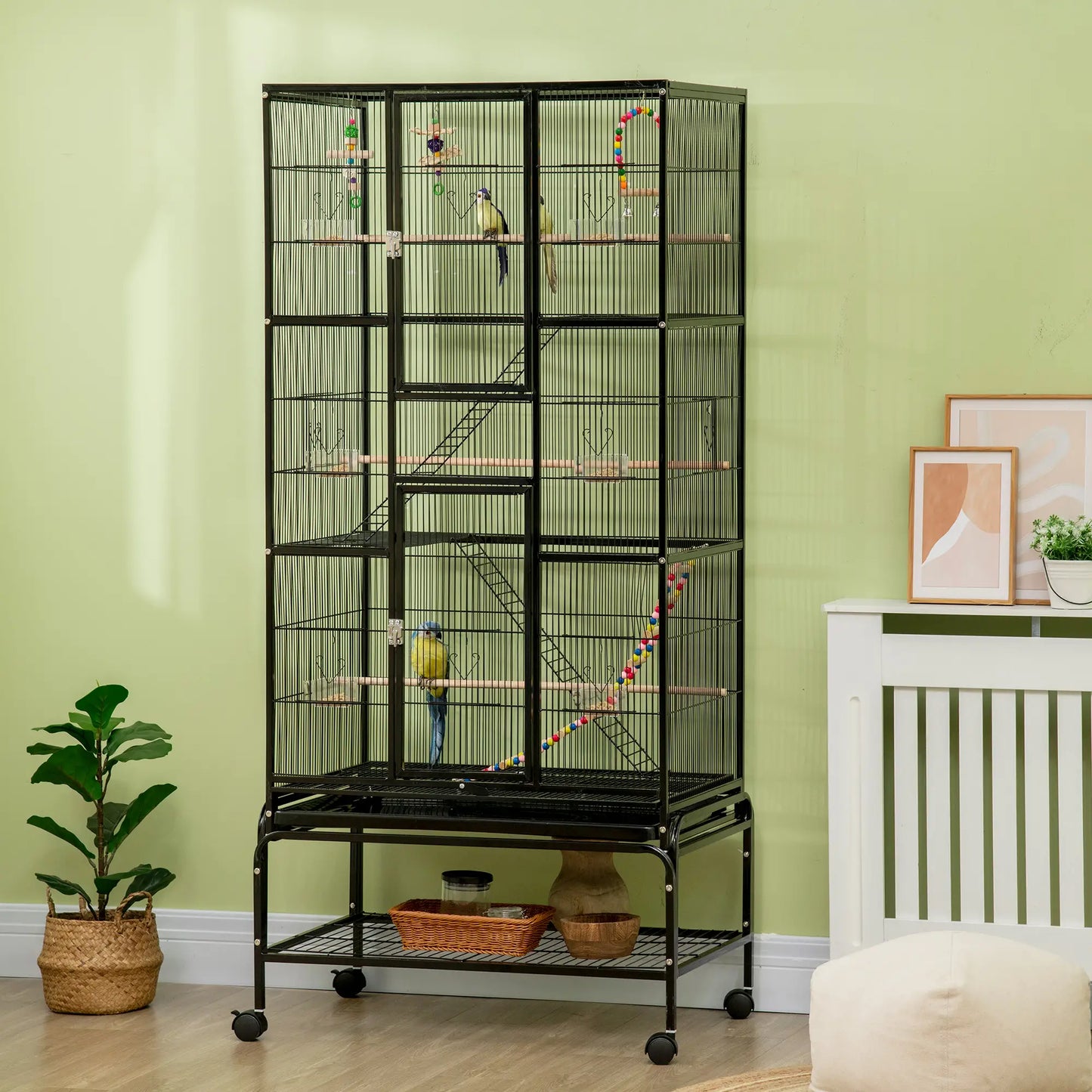71" Bird Cage with Wheels, Perches, Ramp, Shelf, Toys, Black Bird Cages at Gallery Canada