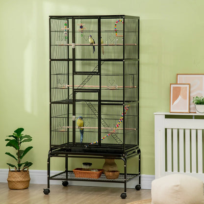 71" Bird Cage with Wheels, Perches, Ramp, Shelf, Toys, Black Bird Cages at Gallery Canada