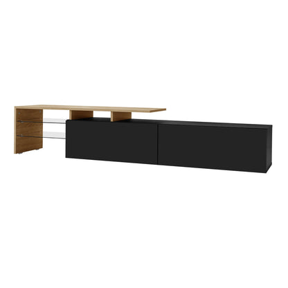 TV Cabinet With Glass Shelves, LED Lighting, 67" L x 13" W x 13" H, Natural, Black TV Stands at Gallery Canada