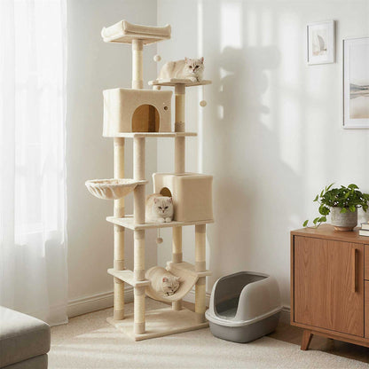 80 Inches Tall Cat Tree with 2 Large Condos and Dangling Toys, Beige Cat Trees Condos & Scratchers at Gallery Canada