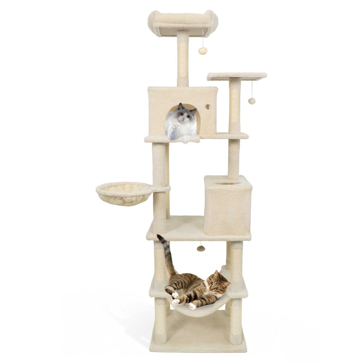 80 Inches Tall Cat Tree with 2 Large Condos and Dangling Toys, Beige Cat Trees Condos & Scratchers Beige at Gallery Canada