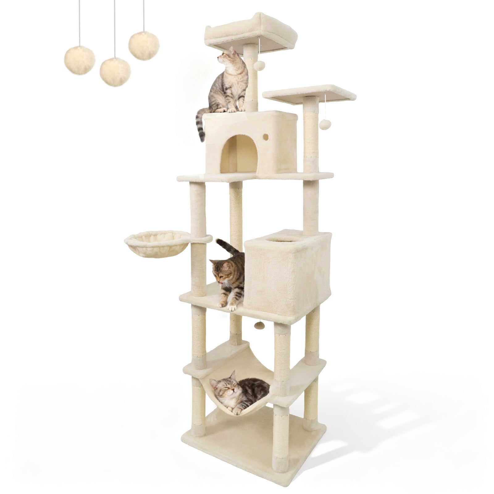 80 Inches Tall Cat Tree with 2 Large Condos and Dangling Toys, Beige Cat Trees Condos & Scratchers at Gallery Canada