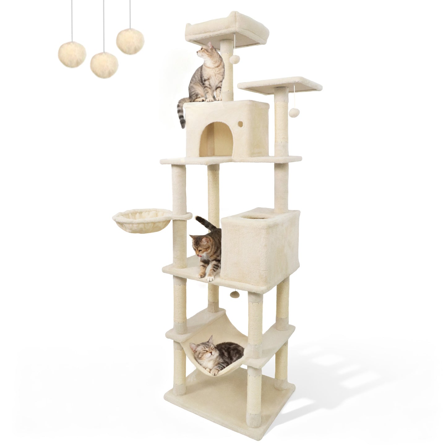 80 Inches Tall Cat Tree with 2 Large Condos and Dangling Toys, Beige Cat Trees Condos & Scratchers at Gallery Canada