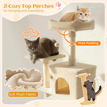 80 Inches Tall Cat Tree with 2 Large Condos and Dangling Toys, Beige Cat Trees Condos & Scratchers at Gallery Canada