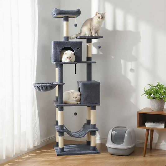 80 Inches Tall Cat Tree with 2 Large Condos and Dangling Toys, Dark Gray Cat Trees Condos & Scratchers Dark Gray at Gallery Canada