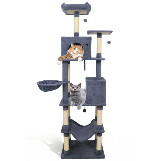 80 Inches Tall Cat Tree with 2 Large Condos and Dangling Toys, Dark Gray Cat Trees Condos & Scratchers Dark Gray at Gallery Canada