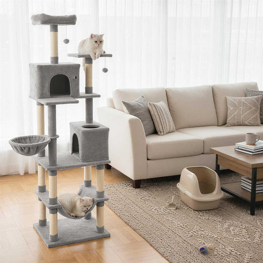 80 Inches Tall Cat Tree with 2 Large Condos and Dangling Toys, Light Gray Cat Trees Condos & Scratchers Light Gray at Gallery Canada