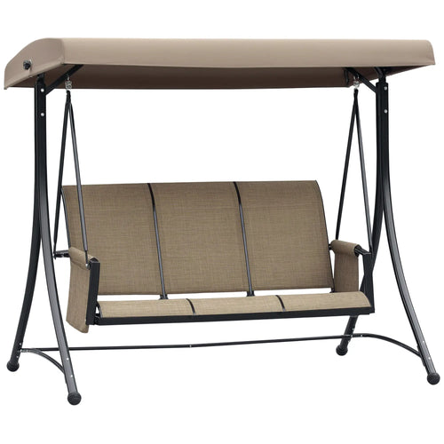 3 Person Porch Swing, High Back, Side Pouches, Adjustable Canopy, Brown