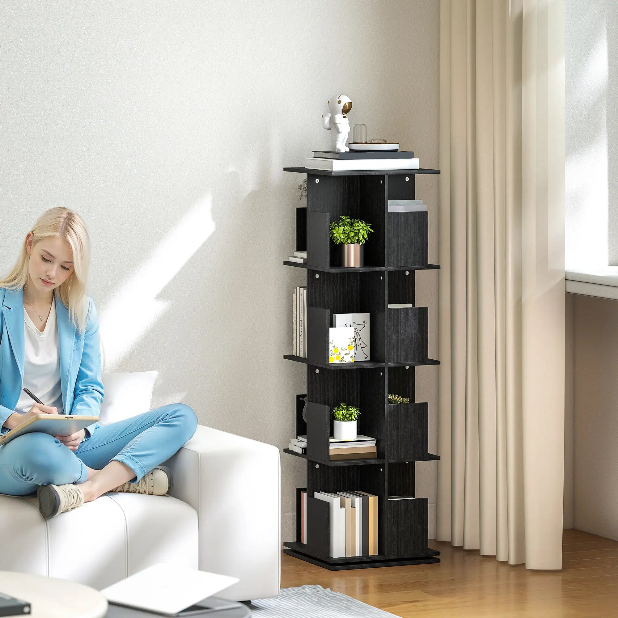 360° Rotating Bookcase, 4 Tier Bookshelf with 16 Cubbies, Black Wood Grain, Black Display Bookshelves at Gallery Canada