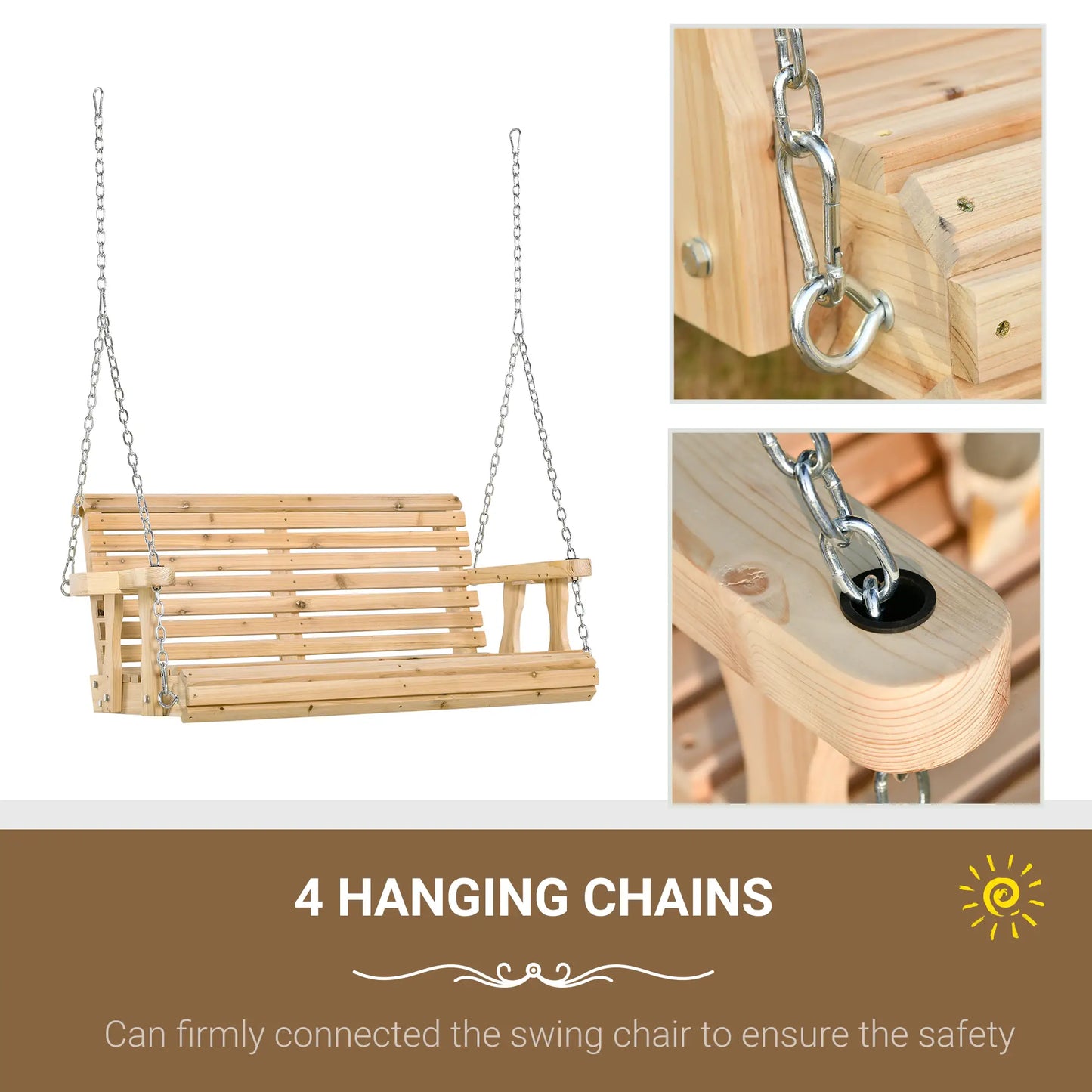 2 Seater Wooden Porch Swing, Patio Chair with Cup Holder, Chains, Natural Hanging Porch Swings at Gallery Canada