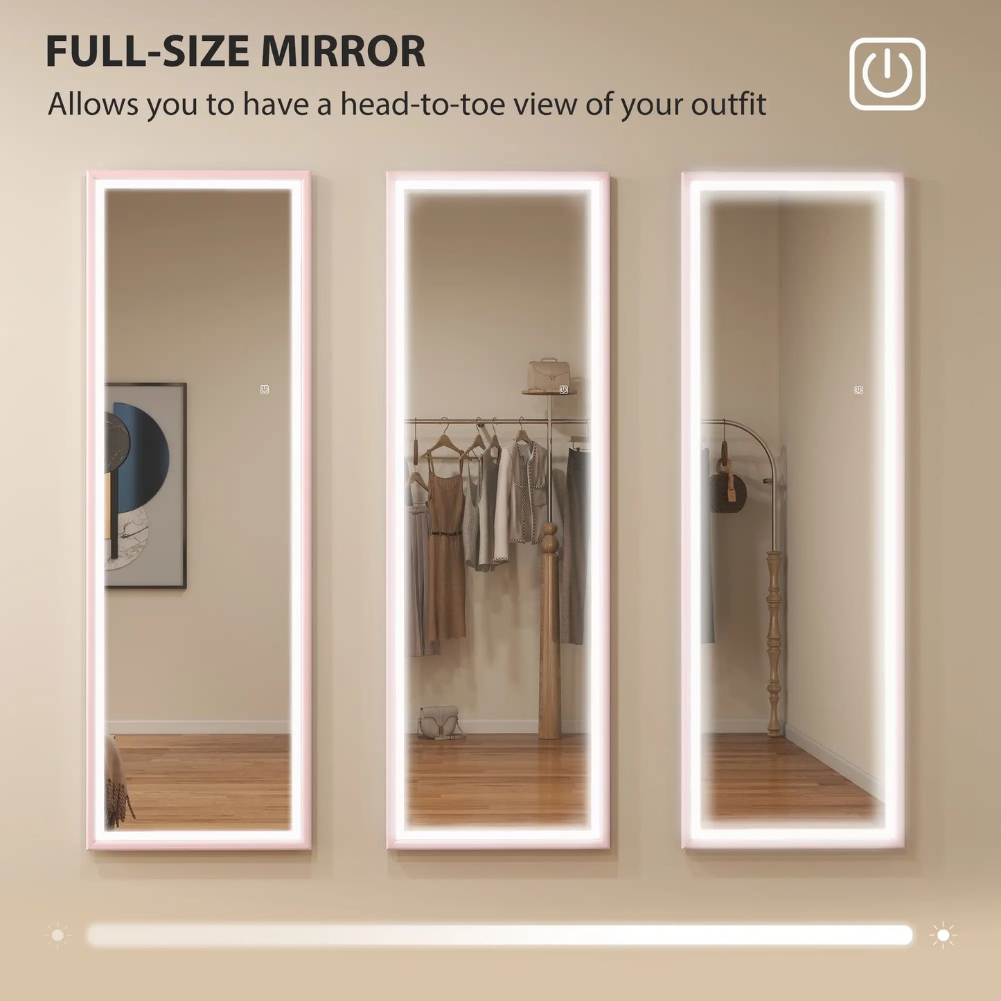 LED Mirror, Dimmable 3 Color Lights, 64" x 21" Rectangular, Pink Full Length Mirrors at Gallery Canada