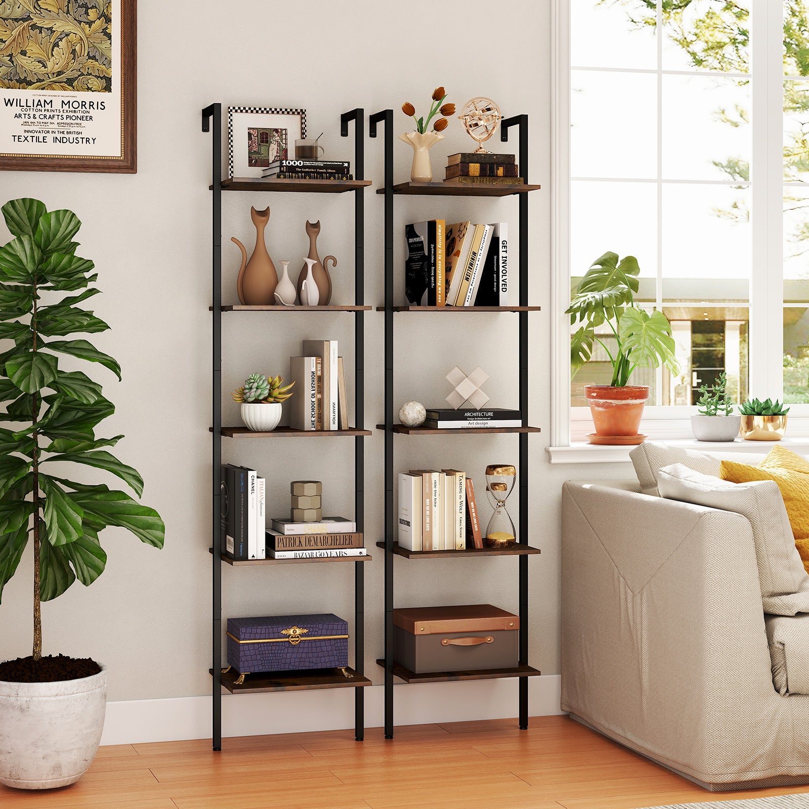 5 Tier Wall Mount Ladder Shelf, Anti-Tipping Kits, Rustic Brown Bookcases at Gallery Canada