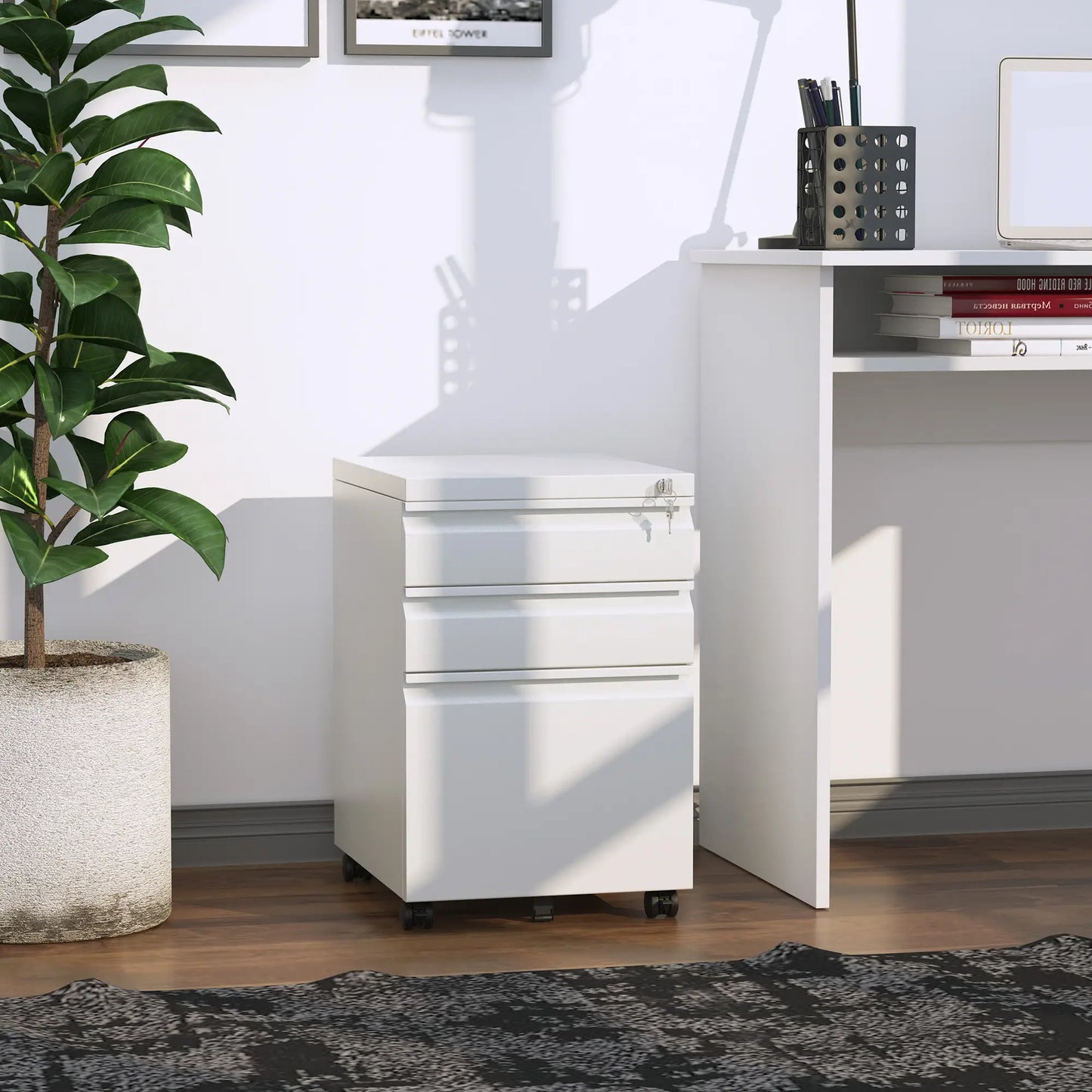 3 Drawer Lockable Filing Cabinet on Wheels, Legal Letter A4 Files, White Office Cabinets & Cupboards at Gallery Canada
