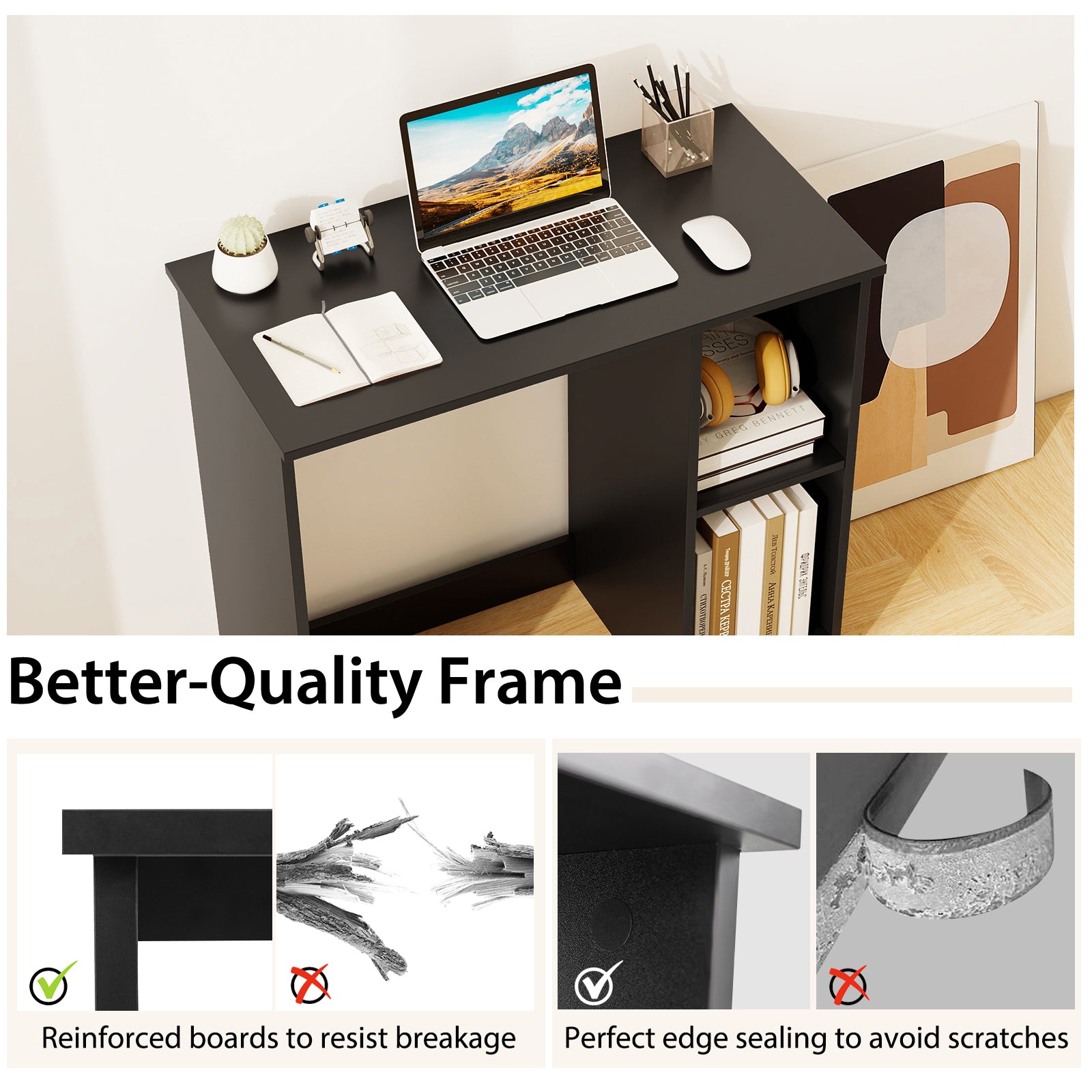 31.5 Inch Modern Home Office Desk, 2 Compartments, Black Writing Desks at Gallery Canada