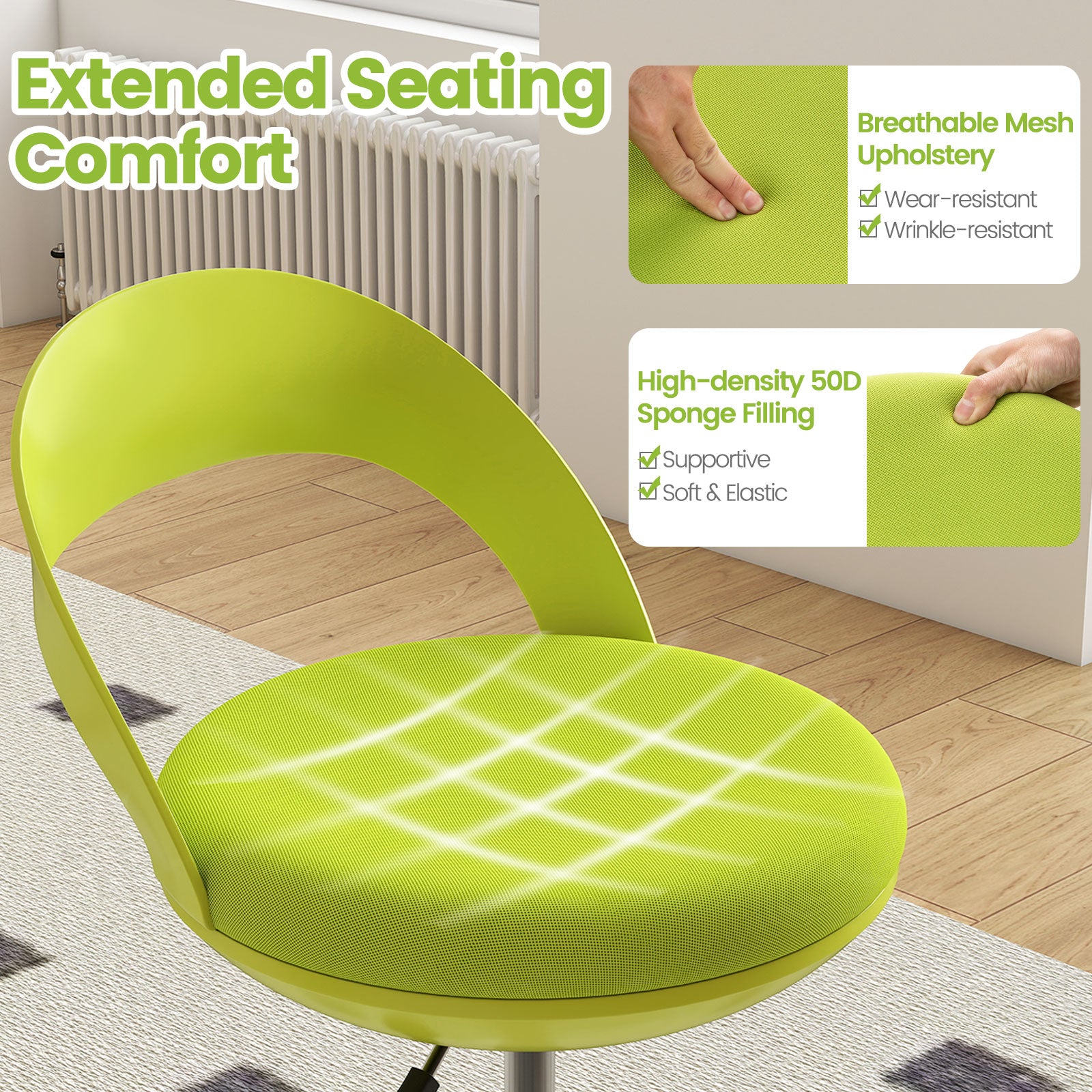Rolling Tall Drafting Stool With Wheels, Green Armless Chairs at Gallery Canada