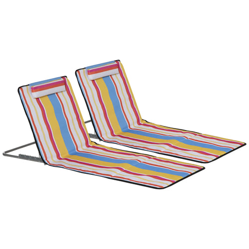 Set of 2 Beach Lounge Chairs, Padded Folding Mat, Adjustable Back, Steel Frame, Head Pillow, Carry Bag, Colorful Stripes, Colorful