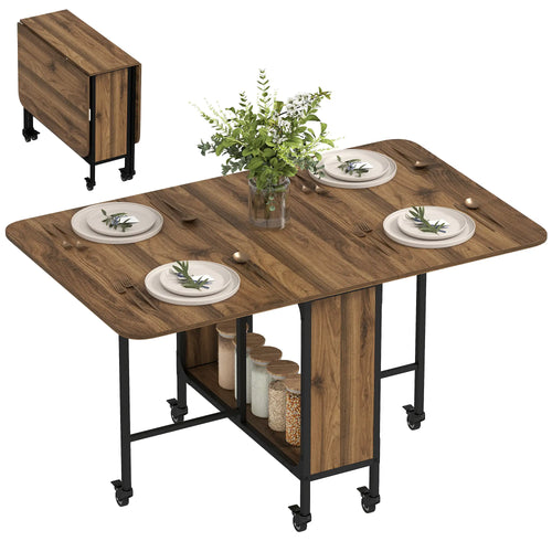 Folding Dining Table, Extendable Kitchen Table, 6 Wheels, Light Brown
