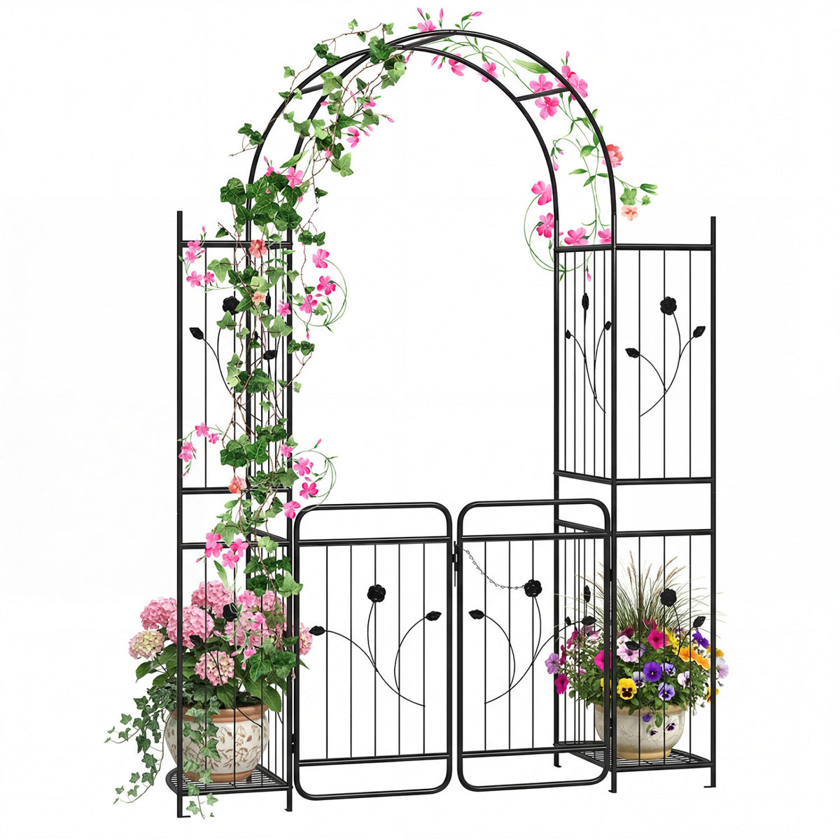 87in Tall Garden Arch with Gate, Planter Shelves, Climbing Trellises Plant Supports at Gallery Canada