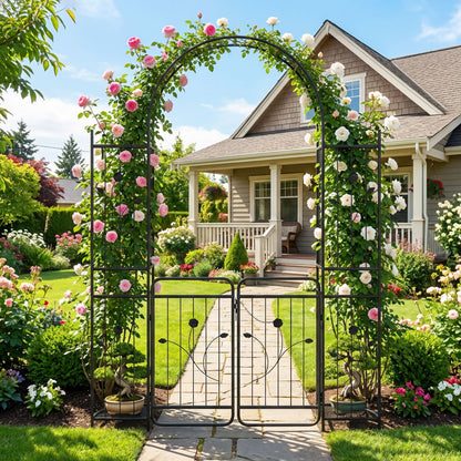 87in Tall Garden Arch with Gate, Planter Shelves, Climbing Trellises Plant Supports at Gallery Canada