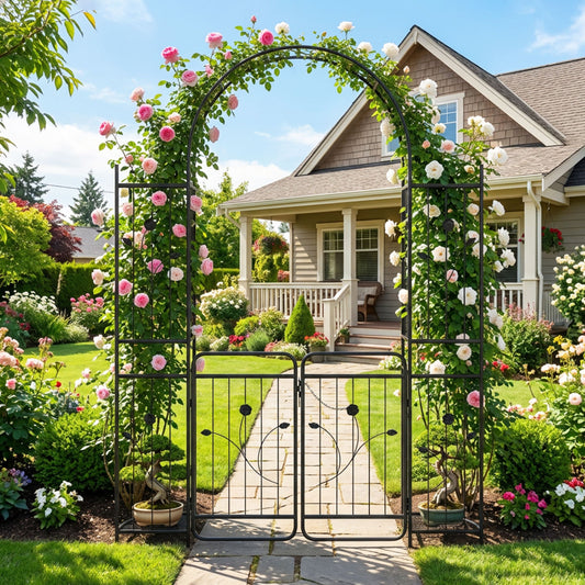 87in Tall Garden Arch with Gate, Planter Shelves, Climbing Trellises Plant Supports Options at Gallery Canada