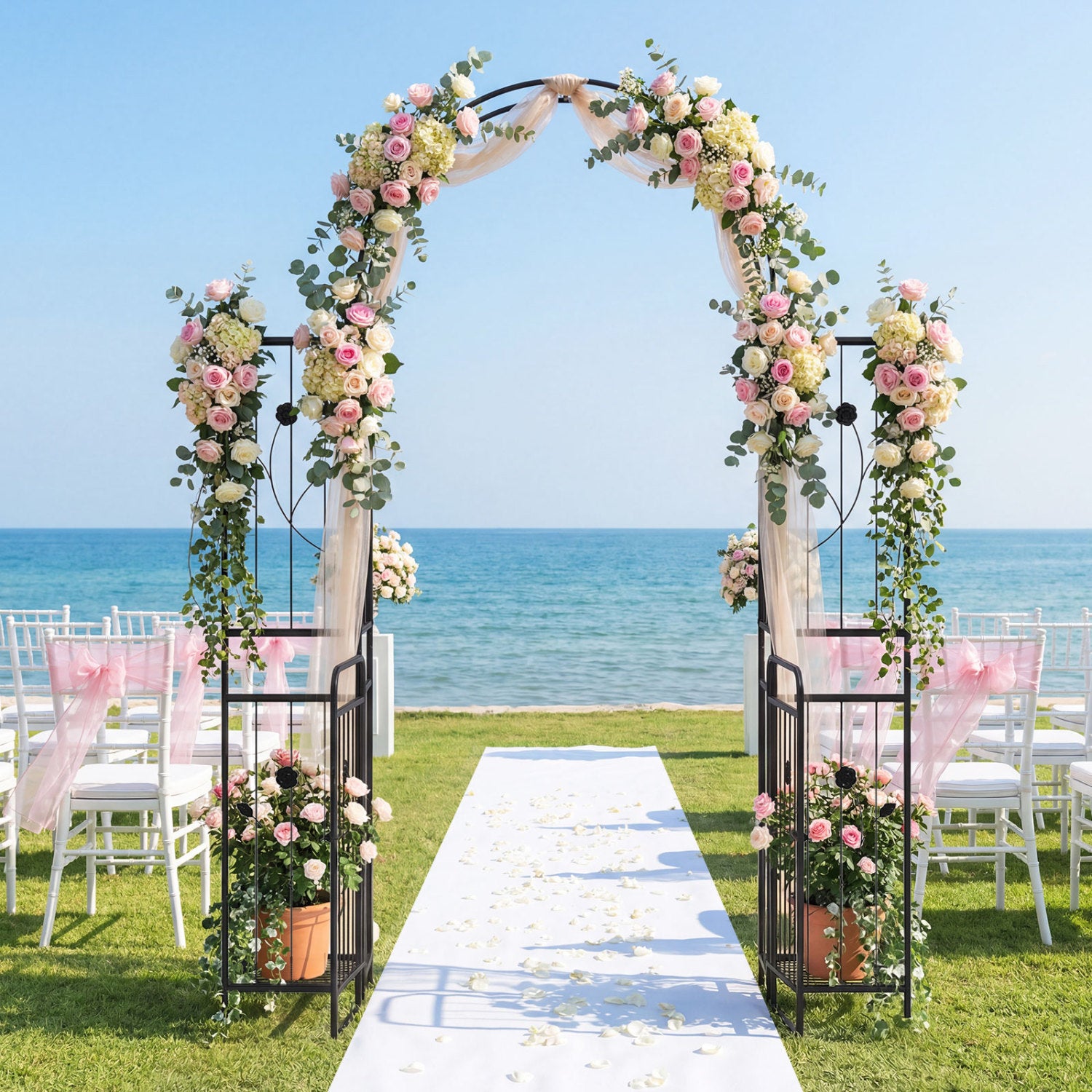 87in Tall Garden Arch with Gate, Planter Shelves, Climbing Trellises Plant Supports at Gallery Canada