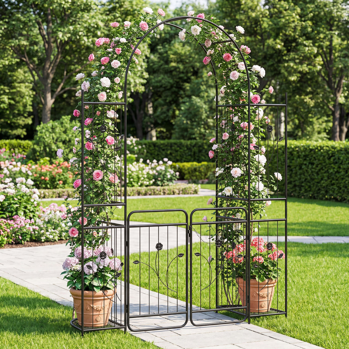 87in Tall Garden Arch with Gate, Planter Shelves, Climbing Trellises Plant Supports at Gallery Canada