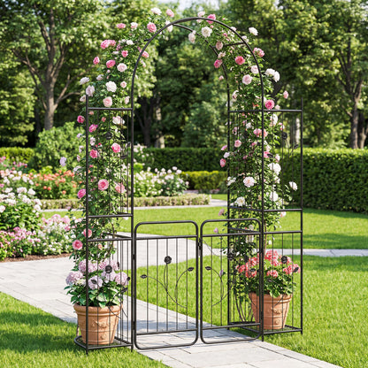 87in Tall Garden Arch with Gate, Planter Shelves, Climbing Trellises Plant Supports at Gallery Canada