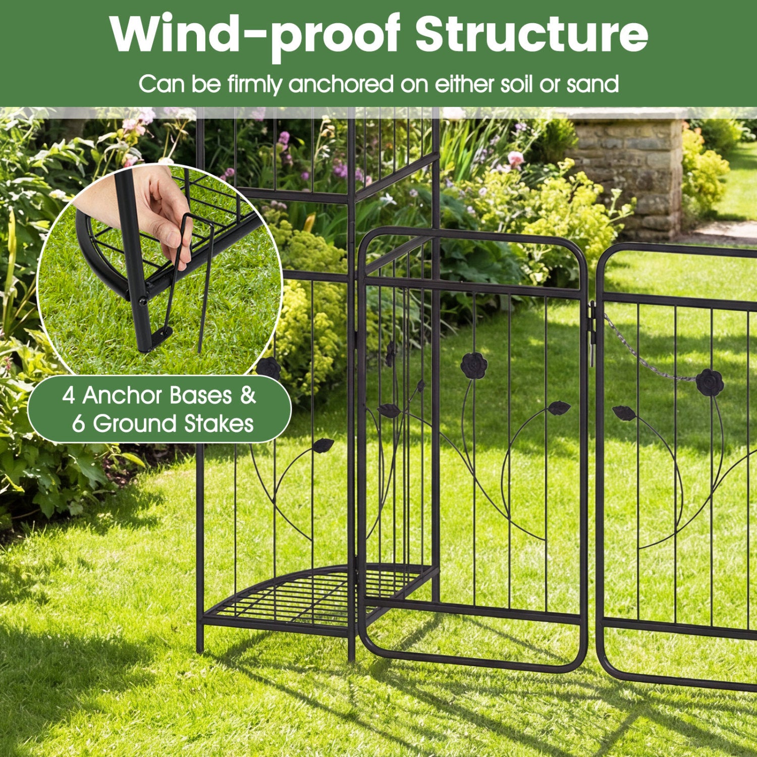 87in Tall Garden Arch with Gate, Planter Shelves, Climbing Trellises Plant Supports at Gallery Canada