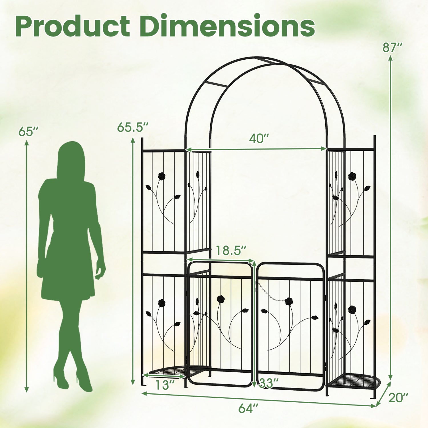 87in Tall Garden Arch with Gate, Planter Shelves, Climbing Trellises Plant Supports at Gallery Canada