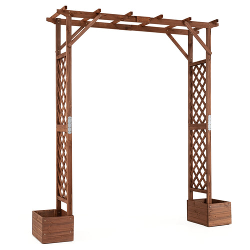 87in Tall Wooden Garden Arbor with Planter Boxes and Hanging Roof for Climbing Plants, Orange