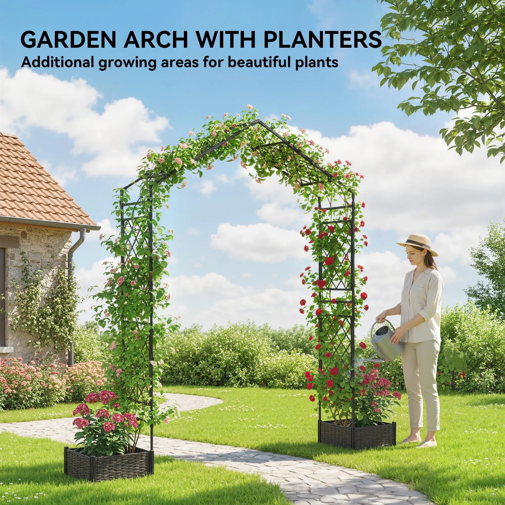 Garden Arch Trellis Arbor With 2 Planter Boxes, 90.6