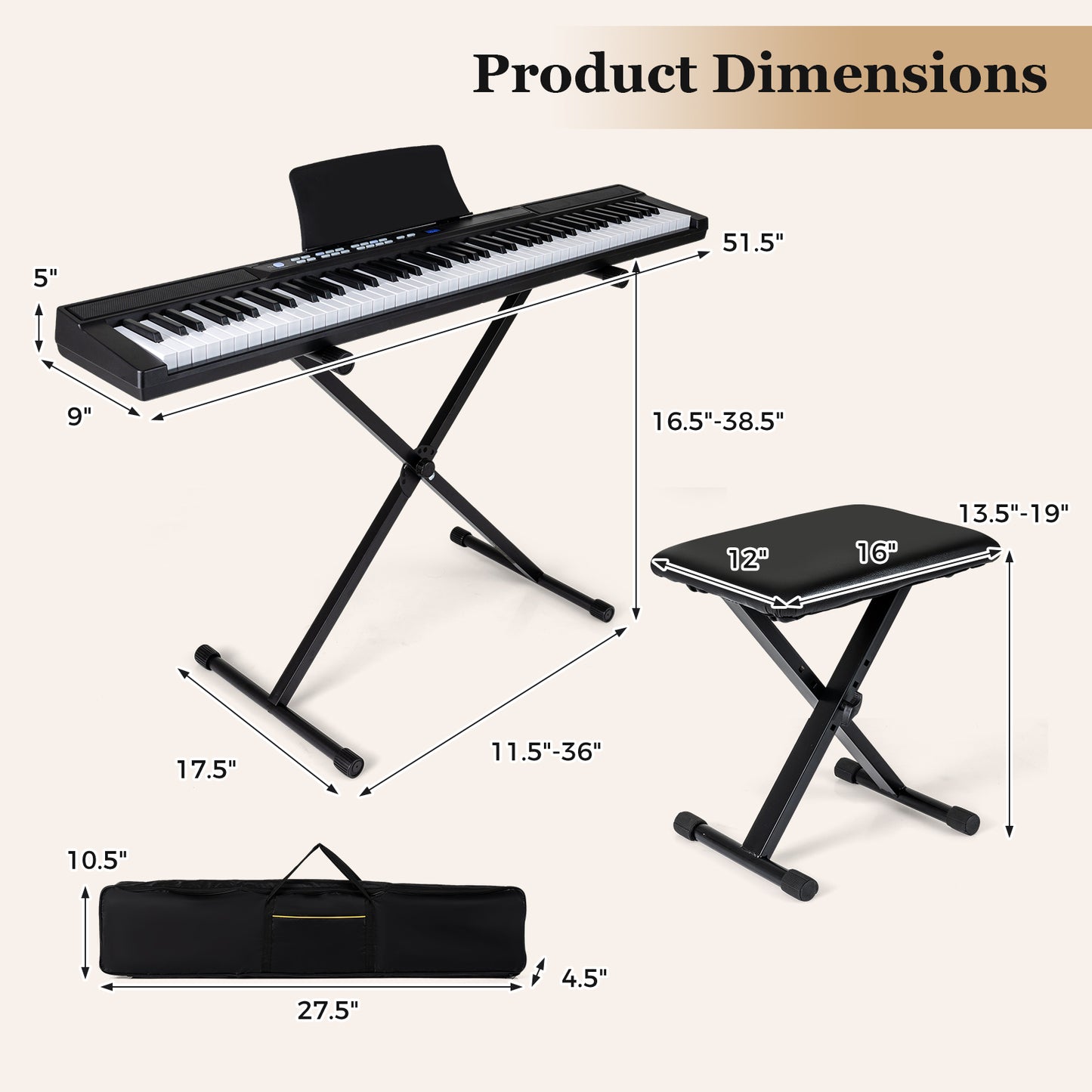 88-Key Electric Piano Keyboard with Adjustable Stand and Portable Bag, Black Pianos & Keyboards at Gallery Canada