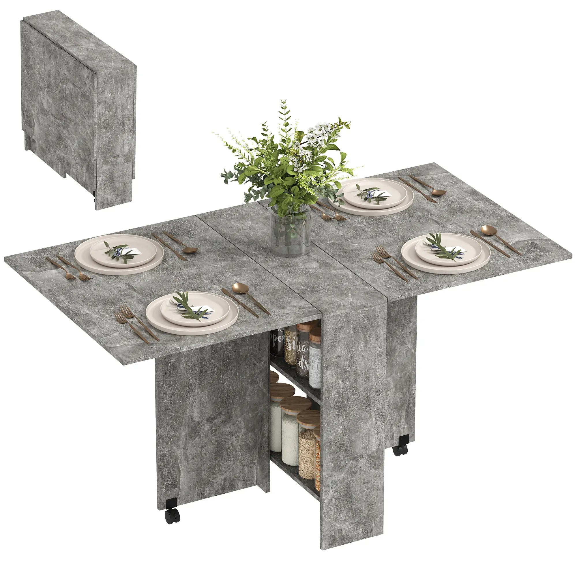 Extendable Dining Table, Collapsible w/ 2-Tier Shelves, Rolling Casters, Grey Bar Tables & Dining Tables Grey at Gallery Canada