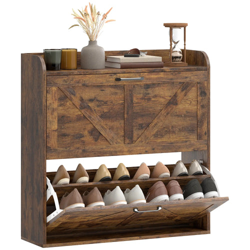 Narrow Shoe Storage Cabinet, Farmhouse Slim Shoe Cabinet with 2 Flip Drawers, Adjustable Shelves, Rustic Brown