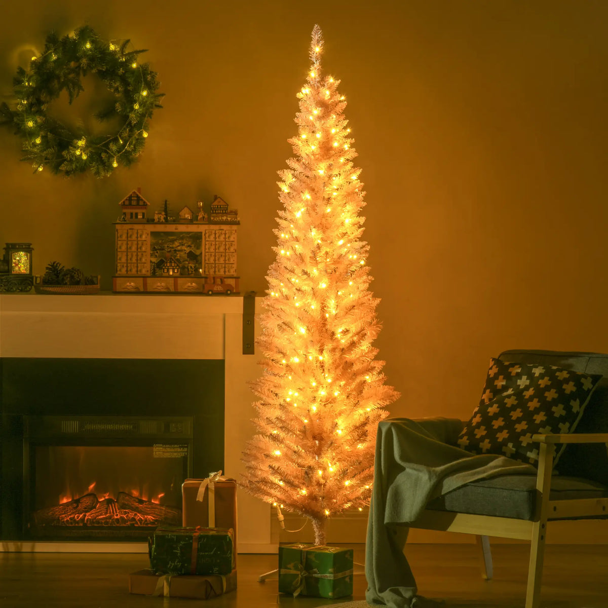 6' Pre Lit Artificial Pencil Christmas Tree, Warm White LED Lights, Pink Pencil Christmas Trees at Gallery Canada