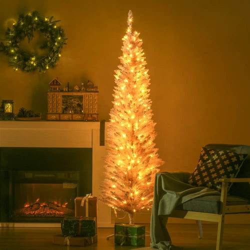 6' Pre Lit Artificial Pencil Christmas Tree, Warm White LED Lights, Pink