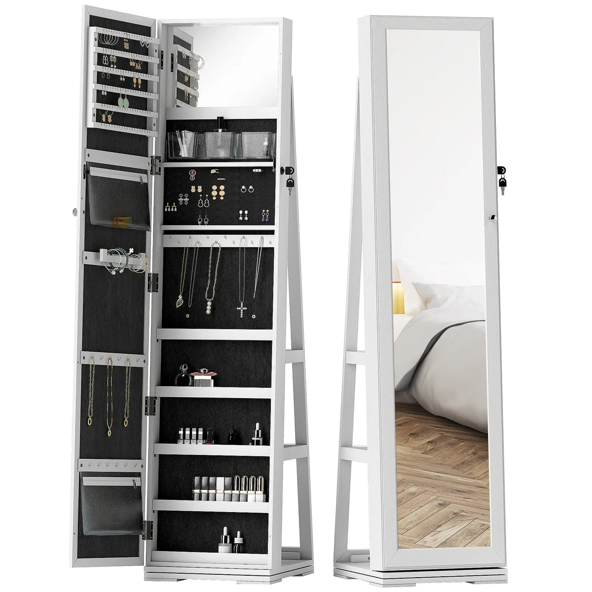 360° Swivel Jewelry Armoire, Lockable Mirror Cabinet, White Jewelry Armoire & Jewellery Mirror Cabinets at Gallery Canada
