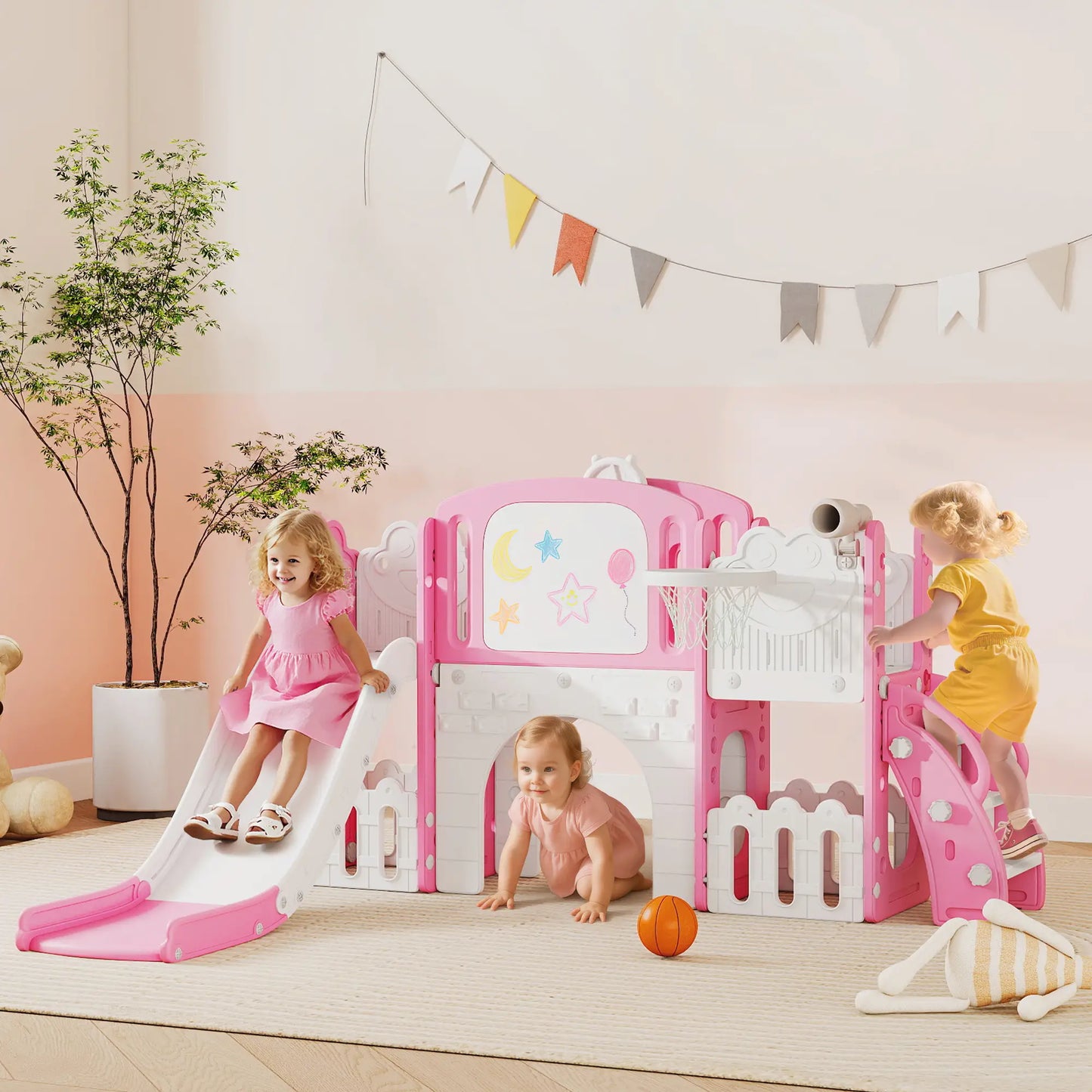 7 In 1 Toddler Slide With Basketball Hoop, Climbing Frame, Telescope, Drawing Board, Storage Box, Pink Gym Sets & Swings at Gallery Canada