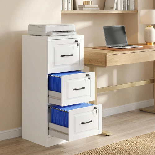 3 Drawer File Cabinet With Lock, Vertical Filing Cabinet, White