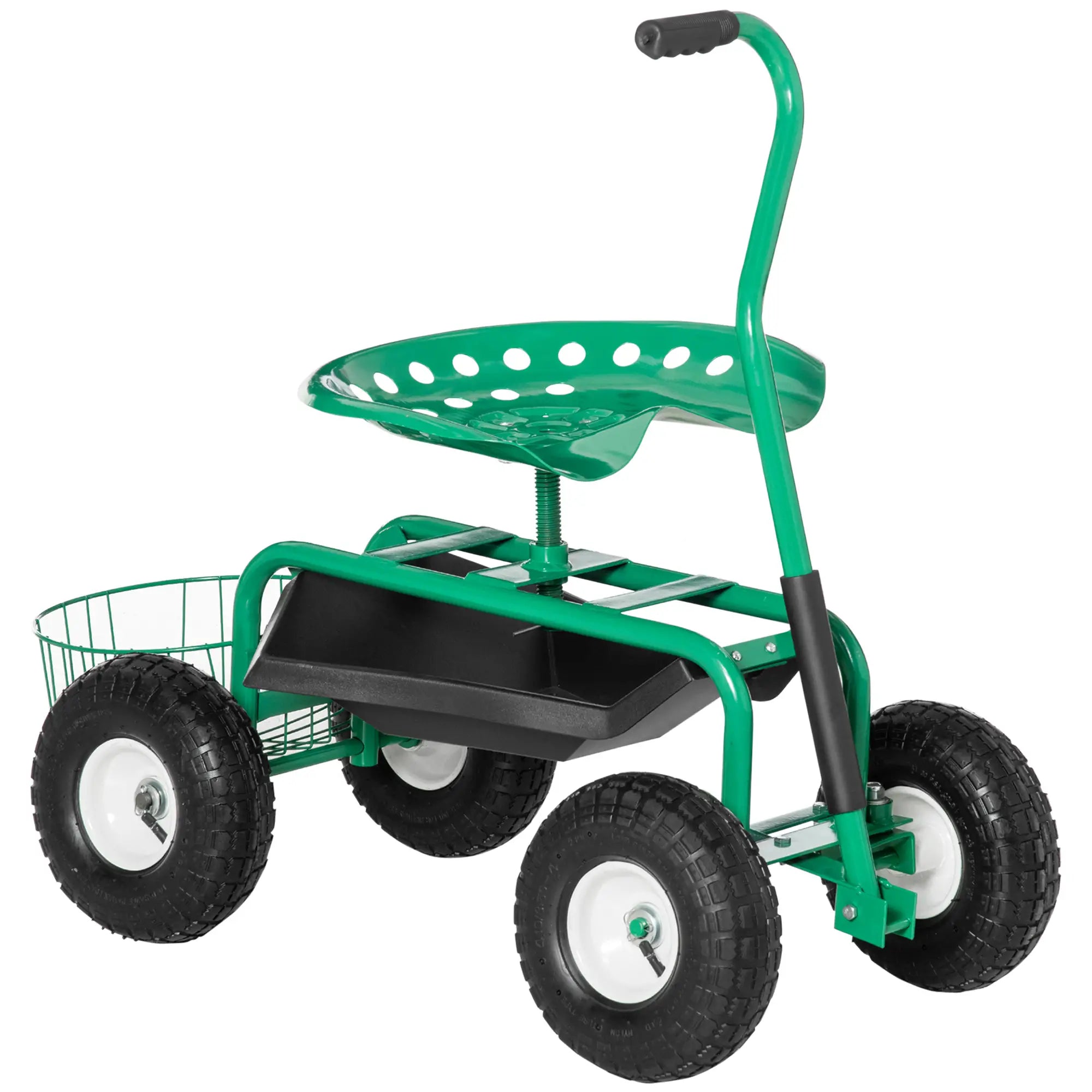 Garden Scooter, Rolling Cart, Adjustable Seat, Tool Tray, Bucket Basket, Green, Black Garden Accessories at Gallery Canada