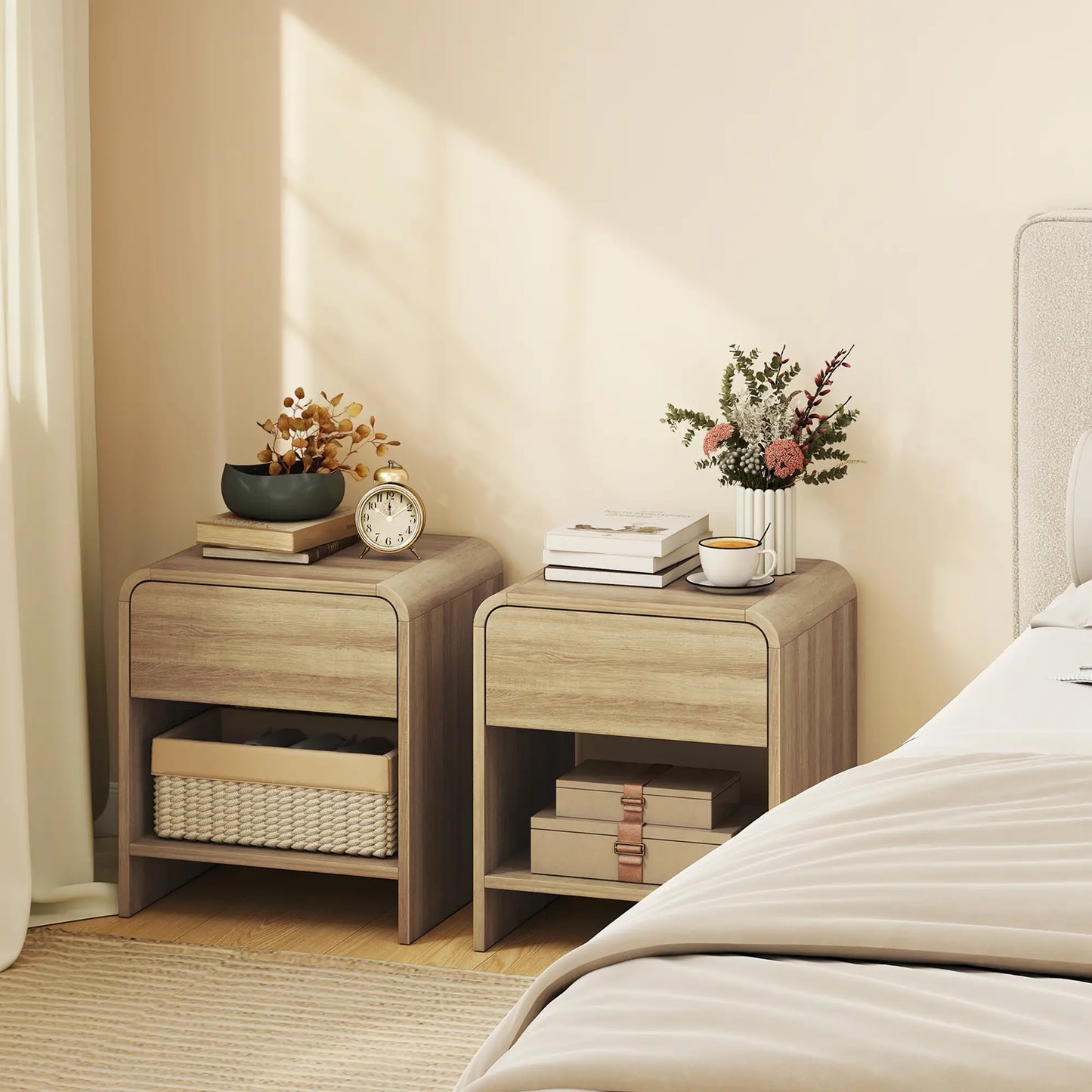 Modern Nightstand Set Of 2, Natural Wood, With Drawer And Open Shelf Bedside Tables at Gallery Canada