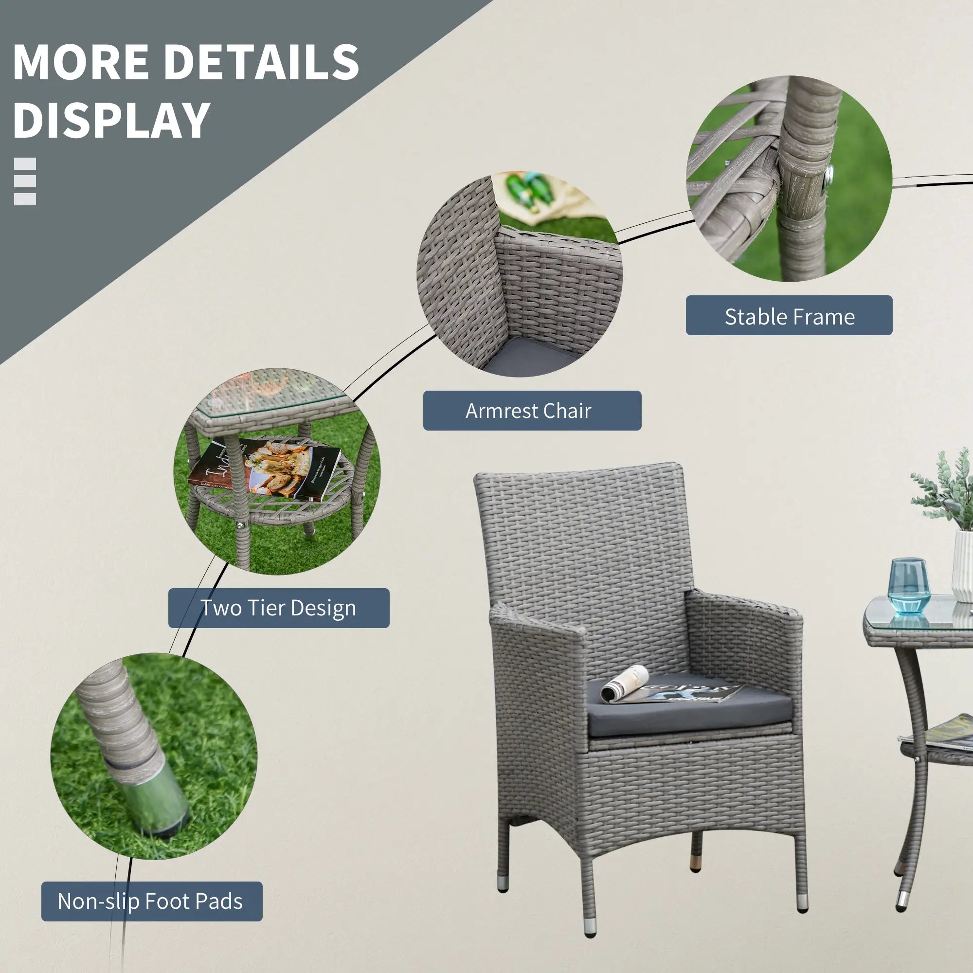 3-Piece Rattan Patio Set, Glass Table w/ Cushions, Grey Bistro Sets at Gallery Canada
