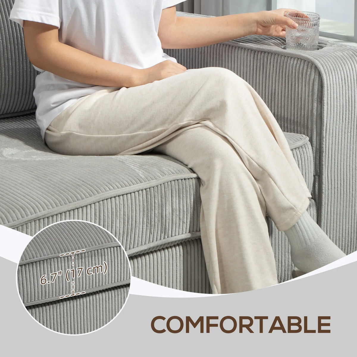 Three Seater Sofa, Fabric Couch with Spring Cushion, Cup Holders, Light Grey 3-Seater Sofas at Gallery Canada