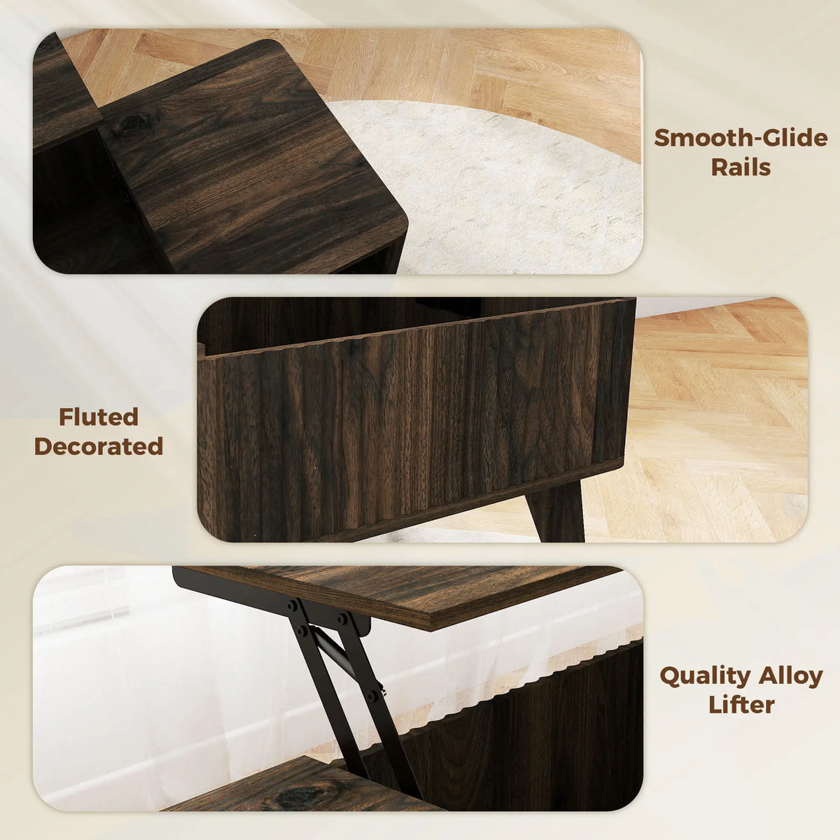 40" Fluted Lift Top Coffee Table, Walnut Storage Table Coffee Tables at Gallery Canada