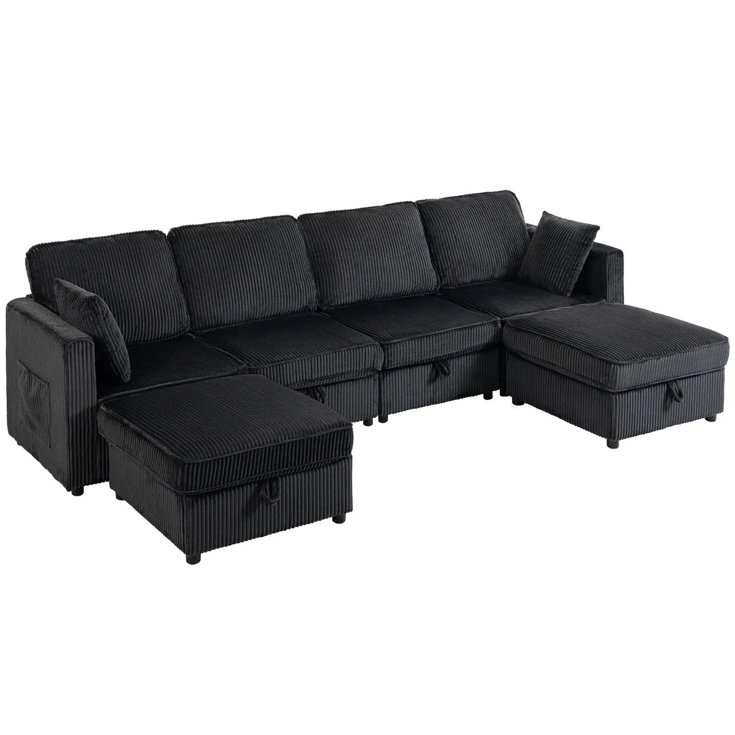 Canapé modulaire en velours côtelé en forme de U, pouf de rangement double, 4 coussins, gris foncé